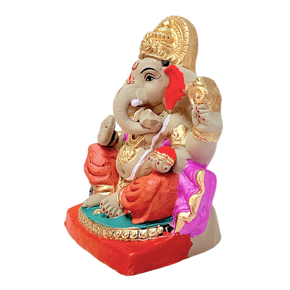 Eco-Friendly Clay Ganesha, color and gold on throne 8" (MOQ=8 pcs)