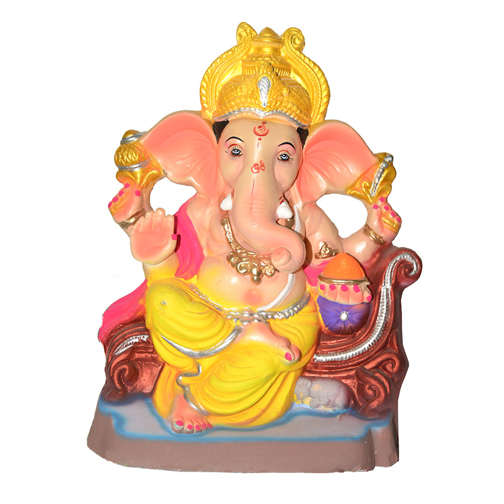 Eco-Friendly Clay Ganesha, color and gold on throne 24"