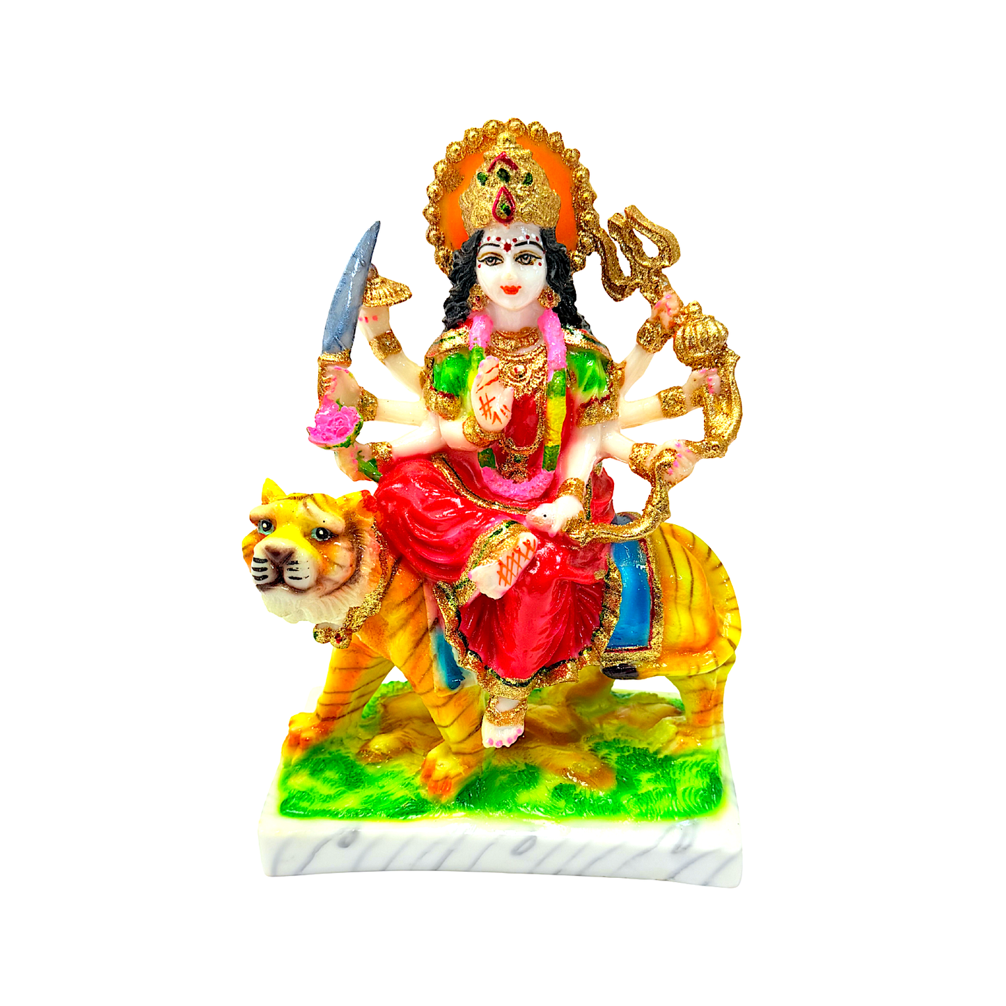 Goddess Durga on tiger, colorful marble dust,  9 inches (MOQ=ea)