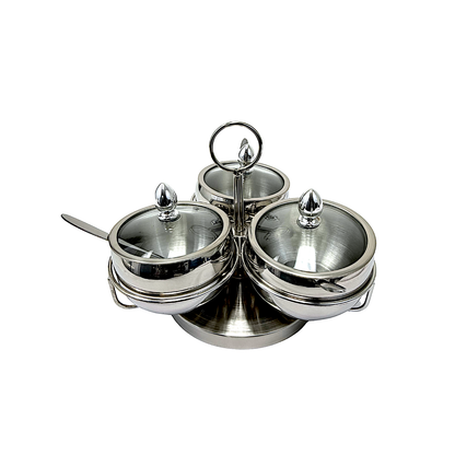Extra fancy Pickle Pot Set- Stainless steel, Glass top lid, 3 spoons (MOQ=ea)