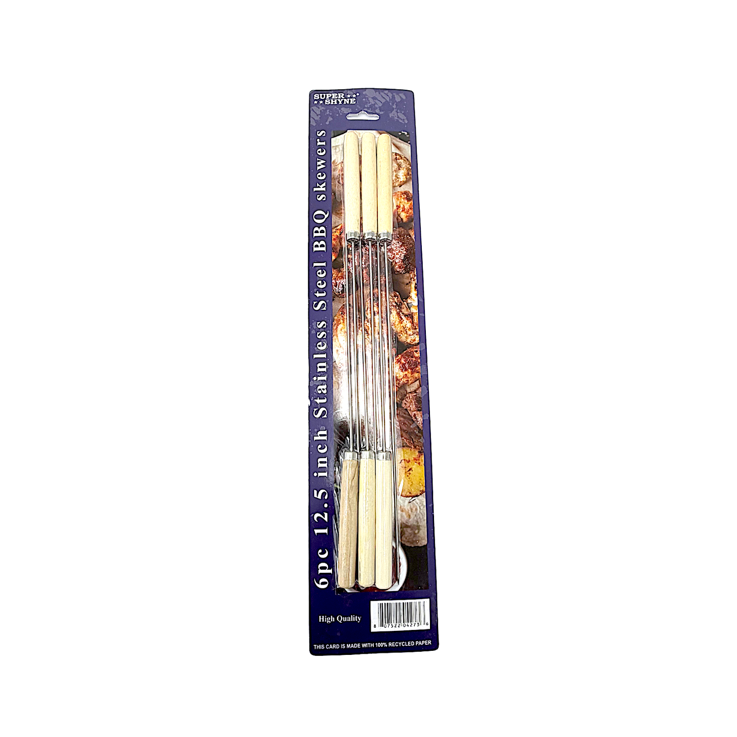 6 pc Stainless Steel BBQ Skewers, 12.5 inches with wooden handle