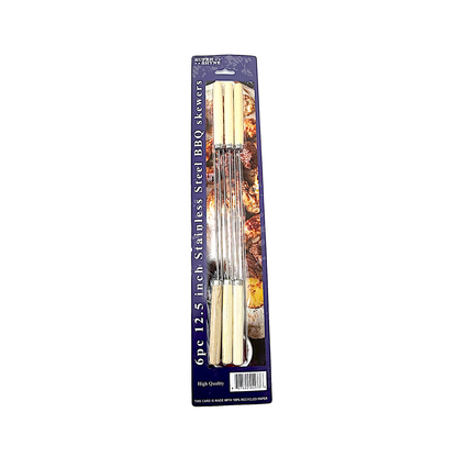 6 pc Stainless Steel BBQ Skewers, 12.5 inches with wooden handle