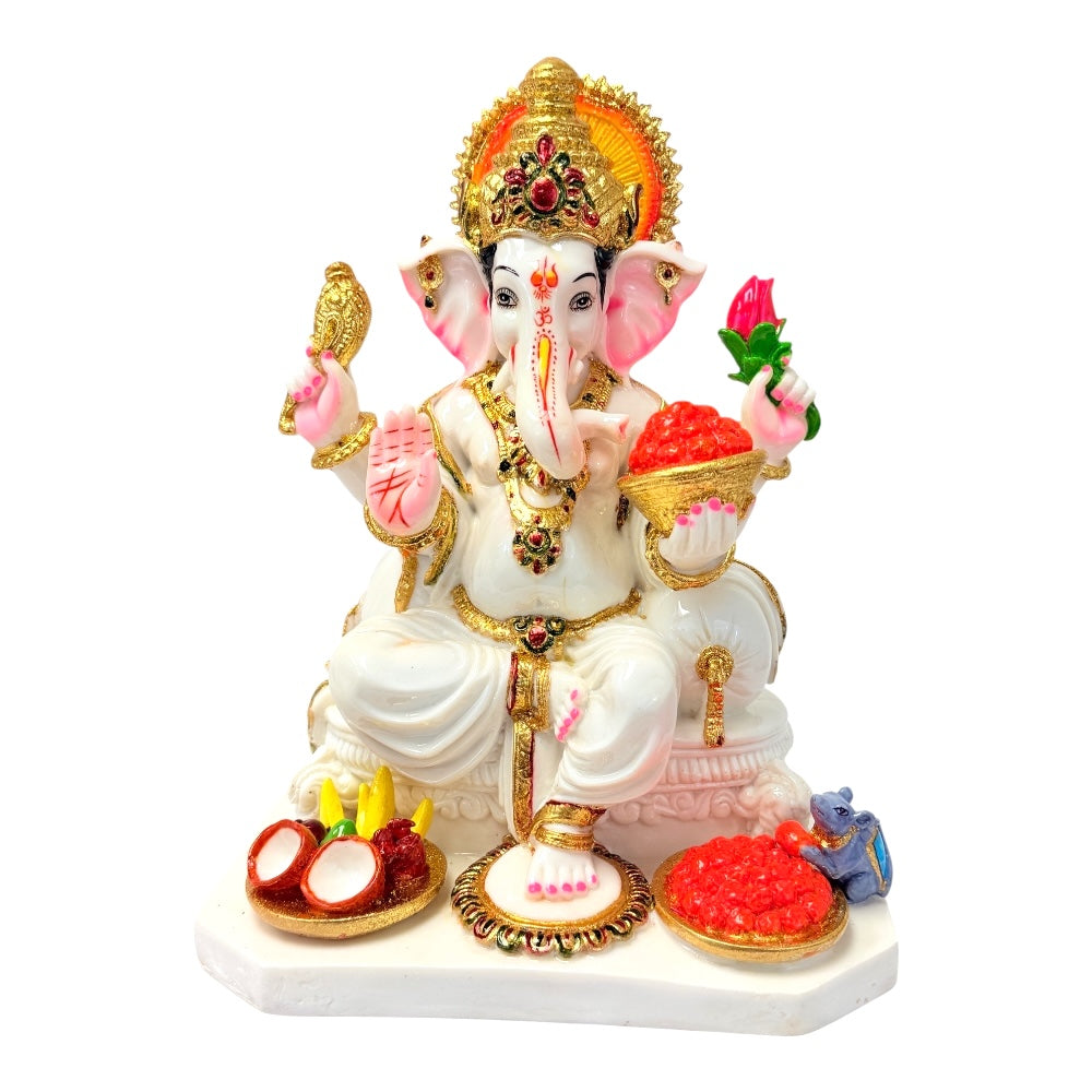 Lord Ganesha with offerings, white and gold, marble dust 12" (MOQ=ea)