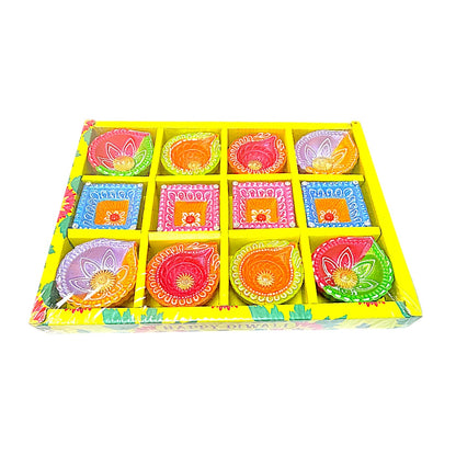 12 pc Deco Diya Box (Havan Kund+Star+Shree), colorful diyas (MOQ=2dz)