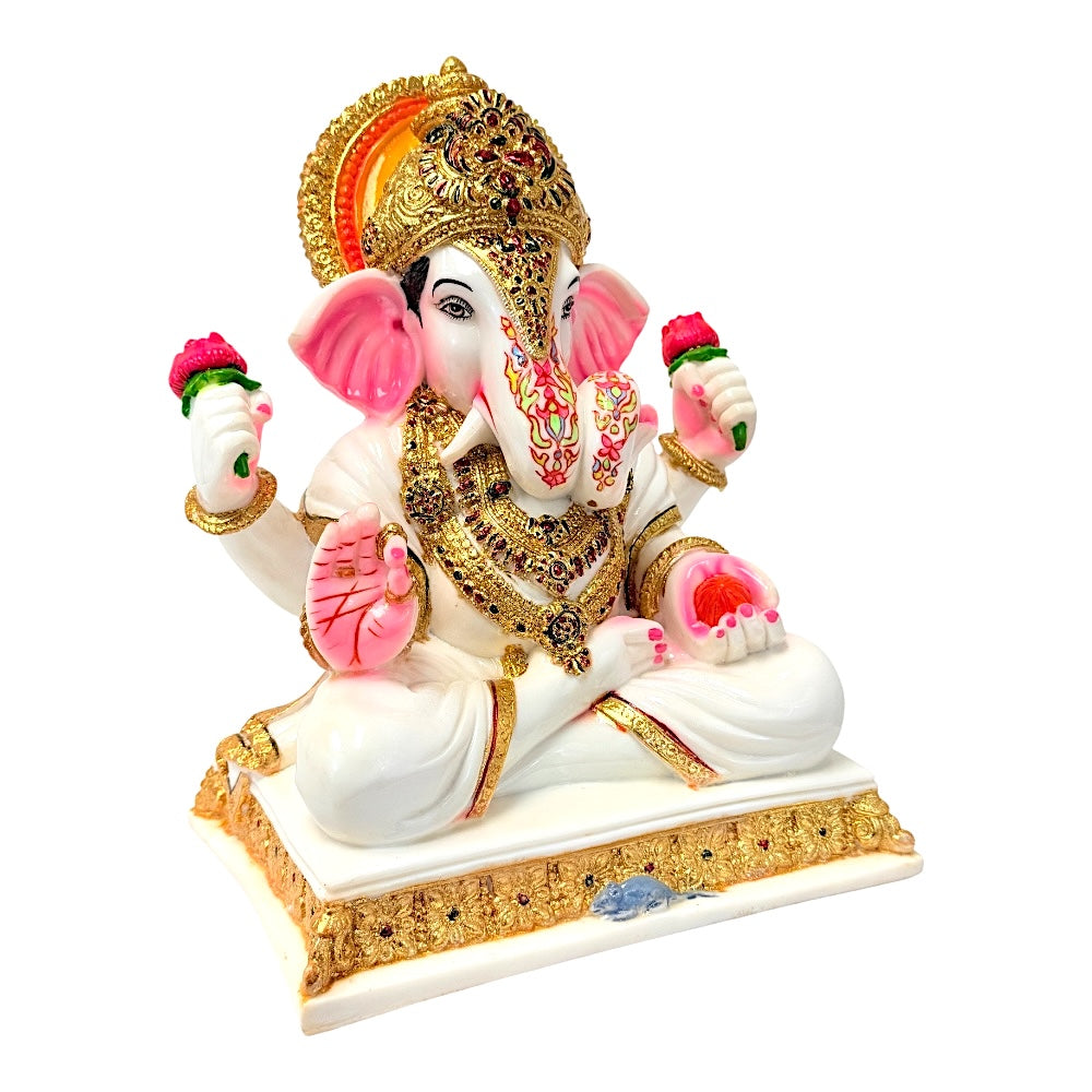Lord Ganesha, white and gold, marble dust 12" (MOQ=ea)