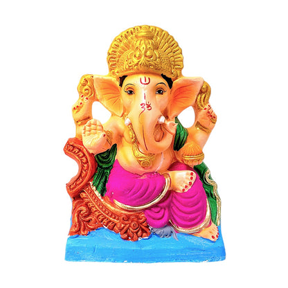 Eco-Friendly Clay Ganesha, color and gold on throne 10" (MOQ=6 pcs)