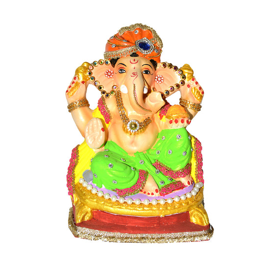 Eco-Friendly Clay Ganesha, color and gold with turban 8" (MOQ=8 pcs)