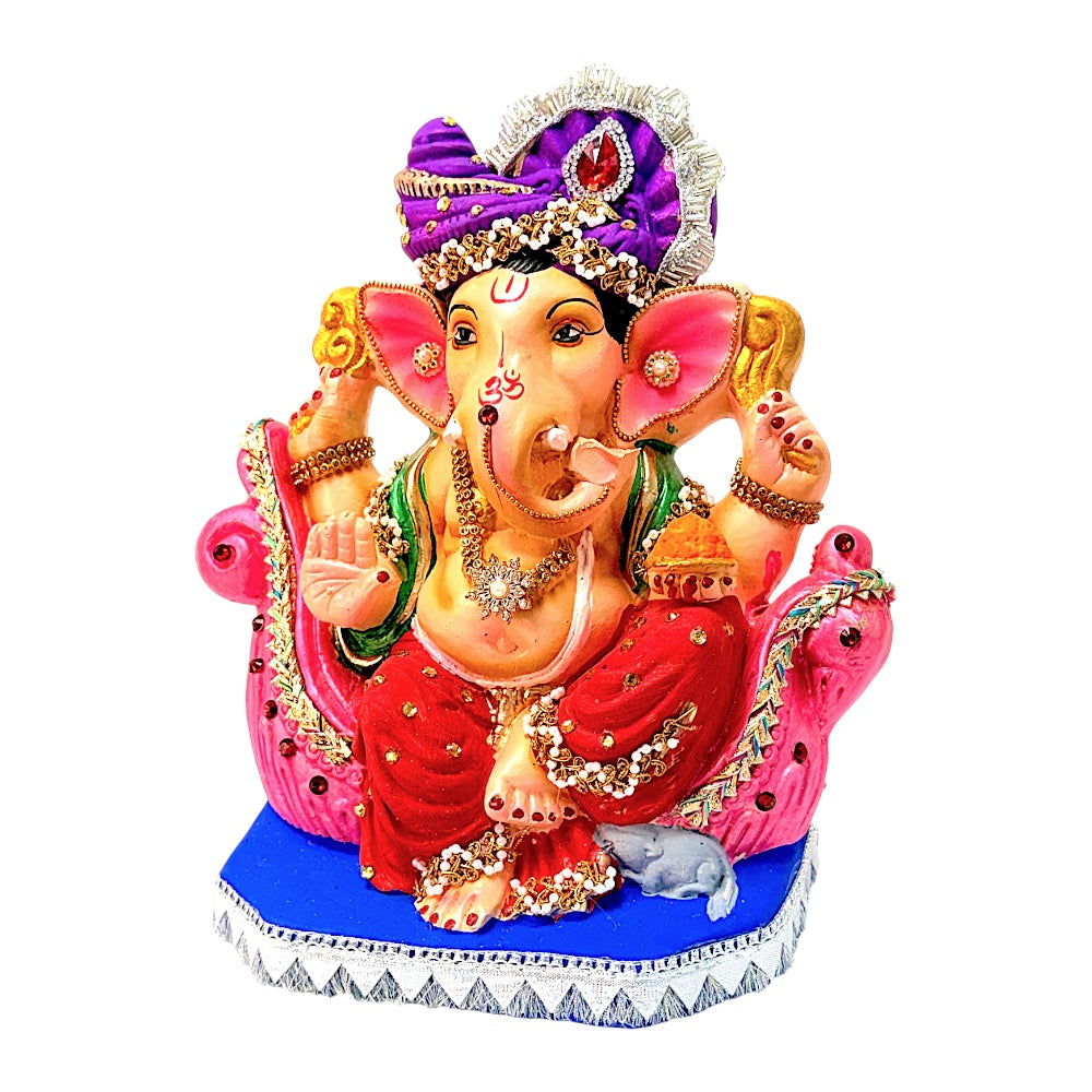 Eco-Friendly Clay Ganesha, color and gold with turban on throne 10" (MOQ=6 pcs)