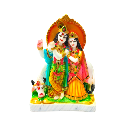 Radha Krishna with cow, colorful marble dust,  9 inches (MOQ=ea)