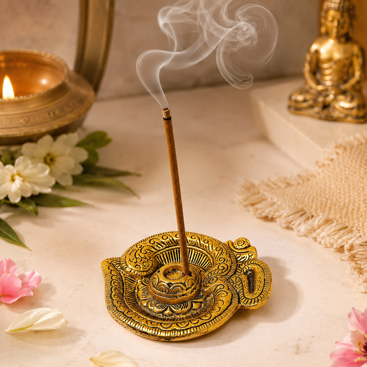 Om Plate Incense Burner – Antique Gold Metal Agarbatti & Dhoop Holder with Ash Catcher