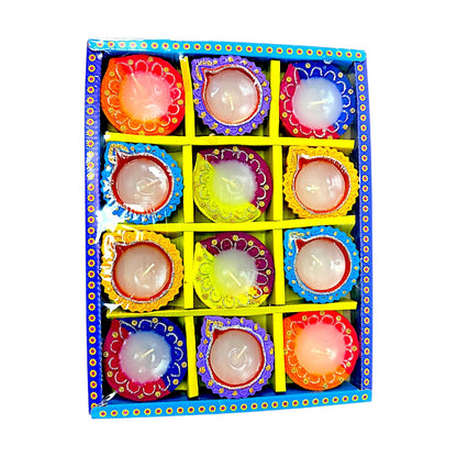 12 pc SD Diya Box with wax, colorful diyas (TPK+Morpich) (MOQ=2dz)