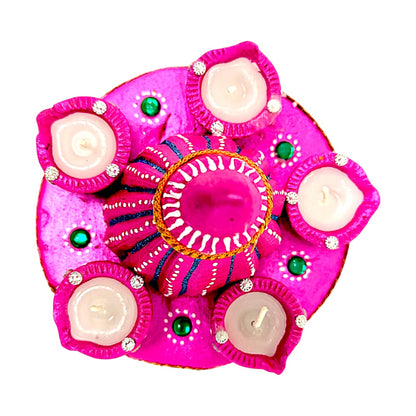 Clay Mandir style diya with Wax, assorted colors (MOQ=dz)