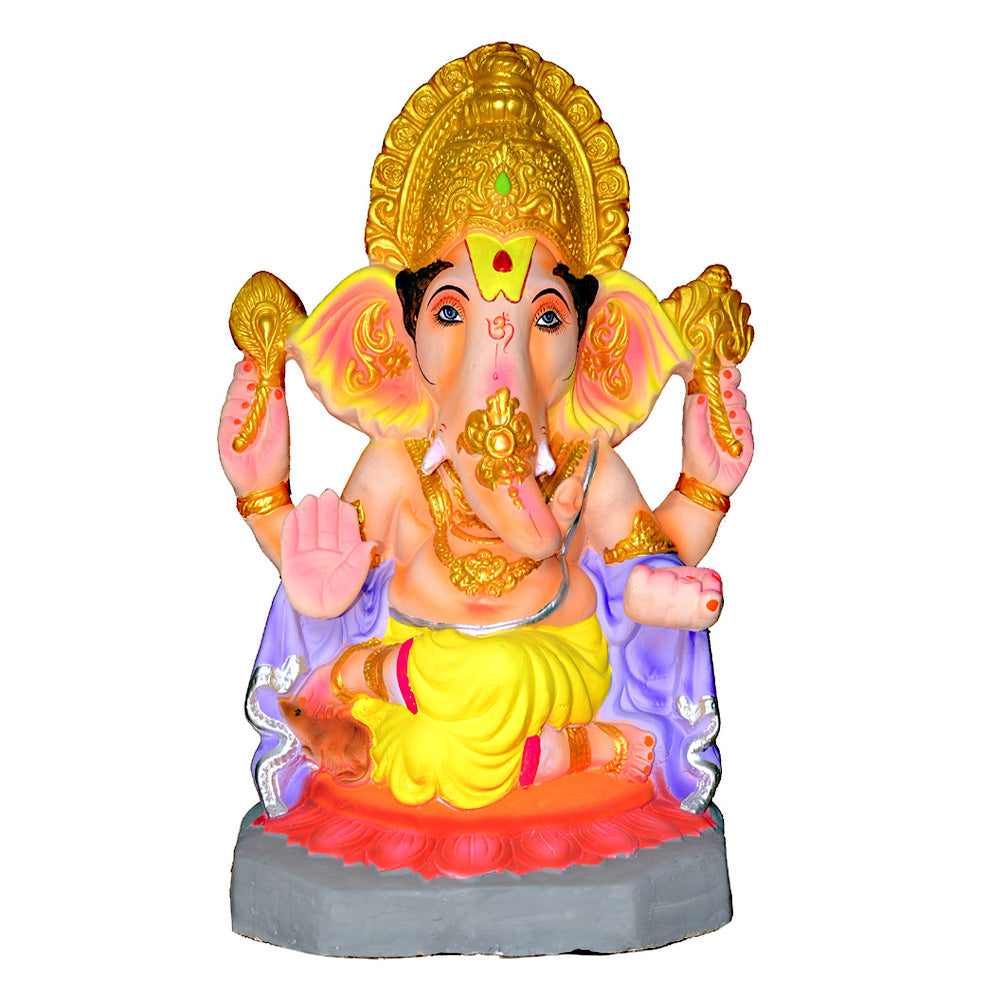 Eco-Friendly Clay Ganesha, color and gold on throne  24"
