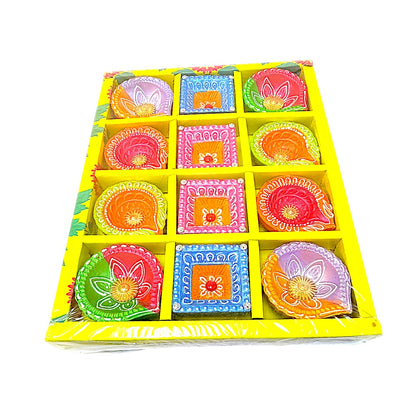12 pc Deco Diya Box (Havan Kund+Star+Shree), colorful diyas (MOQ=2dz)