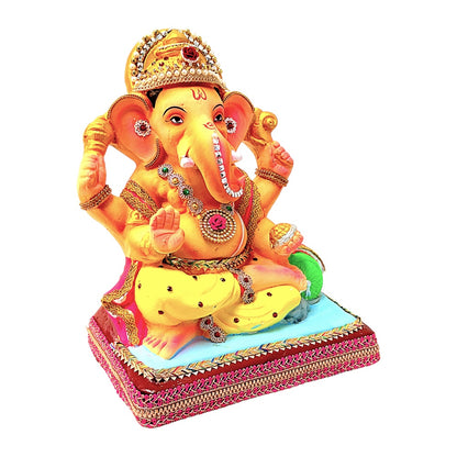 Eco-Friendly Clay Ganesha, color and gold on throne 12" (MOQ=4 pcs)