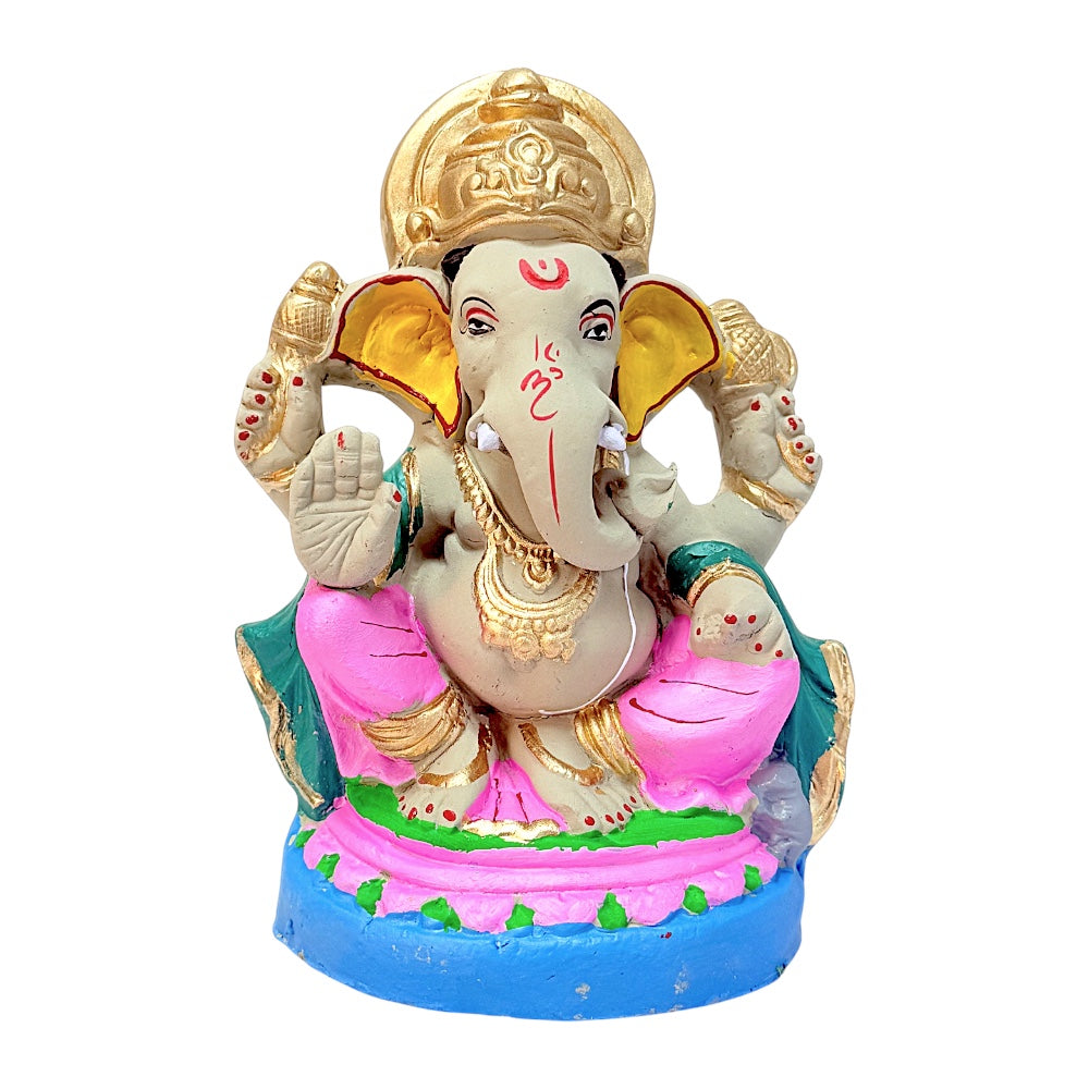 Eco-Friendly Clay Ganesha, clay, color and gold on throne 8" (MOQ=8 pcs)