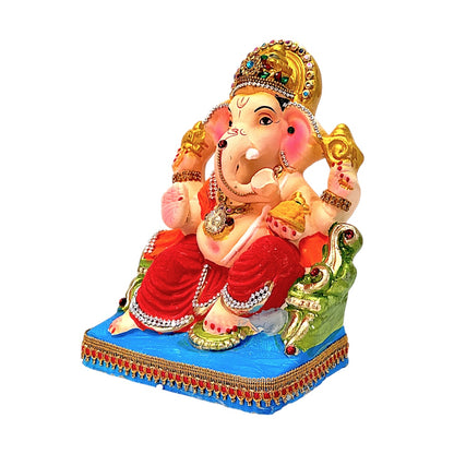 Eco-Friendly Clay Ganesha, color and gold on throne 8" (MOQ=8 pcs)