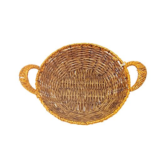 Mkaurs Round woven  brown with golden rim wicker basket with gold handles (MOQ=dz)