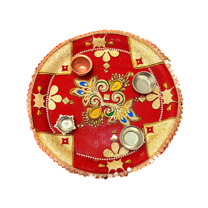 Puja Thali (tray) with diya copper lota and 2 diyas 12.5" Assorted Designs(MOQ=ea)
