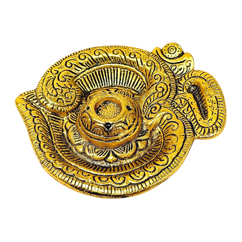 Om Plate Incense Burner – Antique Gold Metal Agarbatti & Dhoop Holder with Ash Catcher