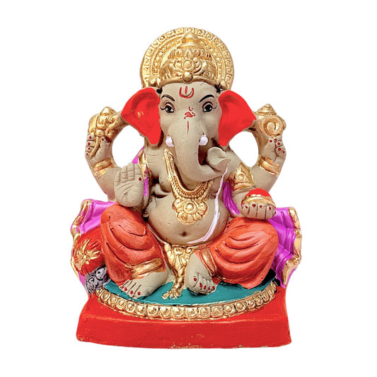 Eco-Friendly Clay Ganesha, color and gold on throne 8" (MOQ=8 pcs)