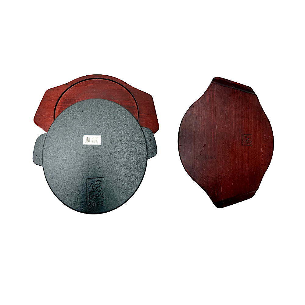 Sizzler Cast iron round with handles and BBQ lines Dia: 9.5"  wood base (MOQ=ea)