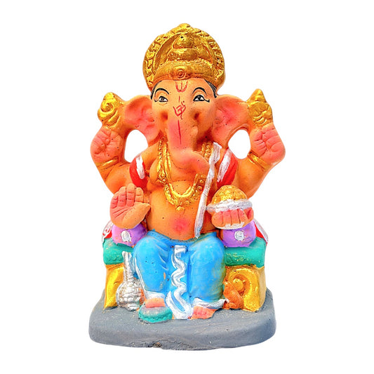 Eco-Friendly Clay Ganesha, color and gold with turban 6" (MOQ=20 pcs)