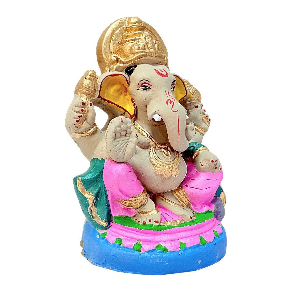 Eco-Friendly Clay Ganesha, clay, color and gold on throne 8" (MOQ=8 pcs)