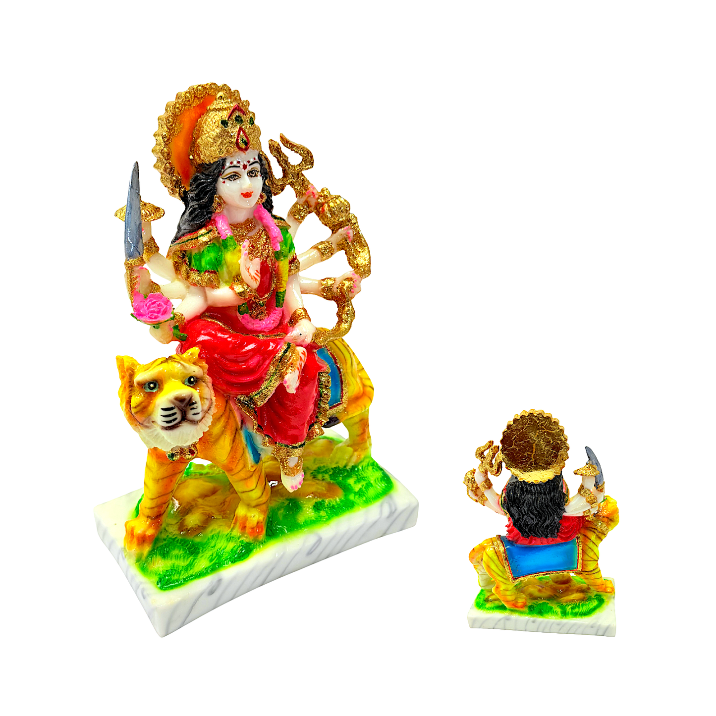 Goddess Durga on tiger, colorful marble dust,  9 inches (MOQ=ea)