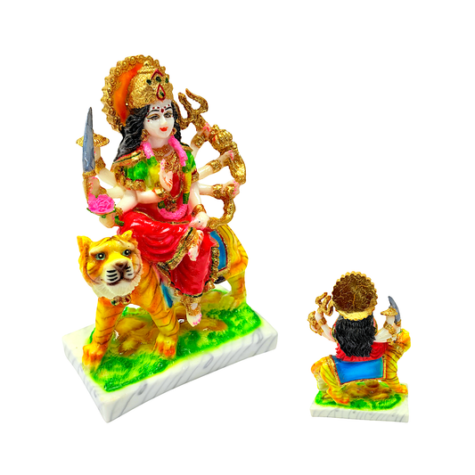 Goddess Durga on tiger, colorful marble dust,  9 inches (MOQ=ea)