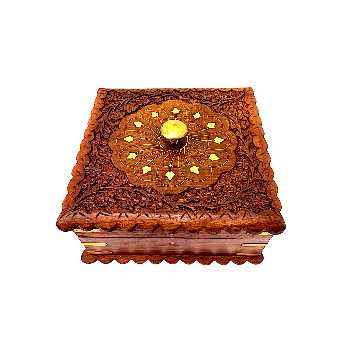 Wooden jewel box, 7 inches square with 4 compartments (MOQ=ea)