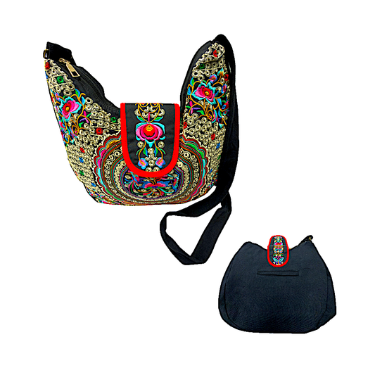 Embroidered, Handicraft shoulder bag with a zipper pocket and snap button (MOQ=10pc)