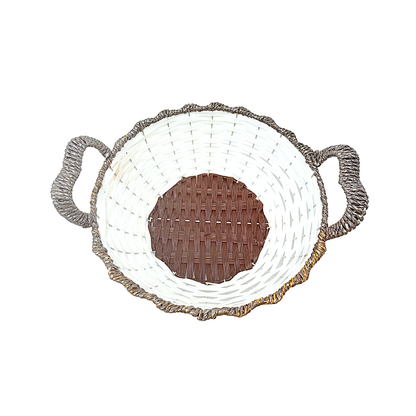Mkaurs Round woven white and metallic bronze wicker deep basket with handles (MOQ=dz)