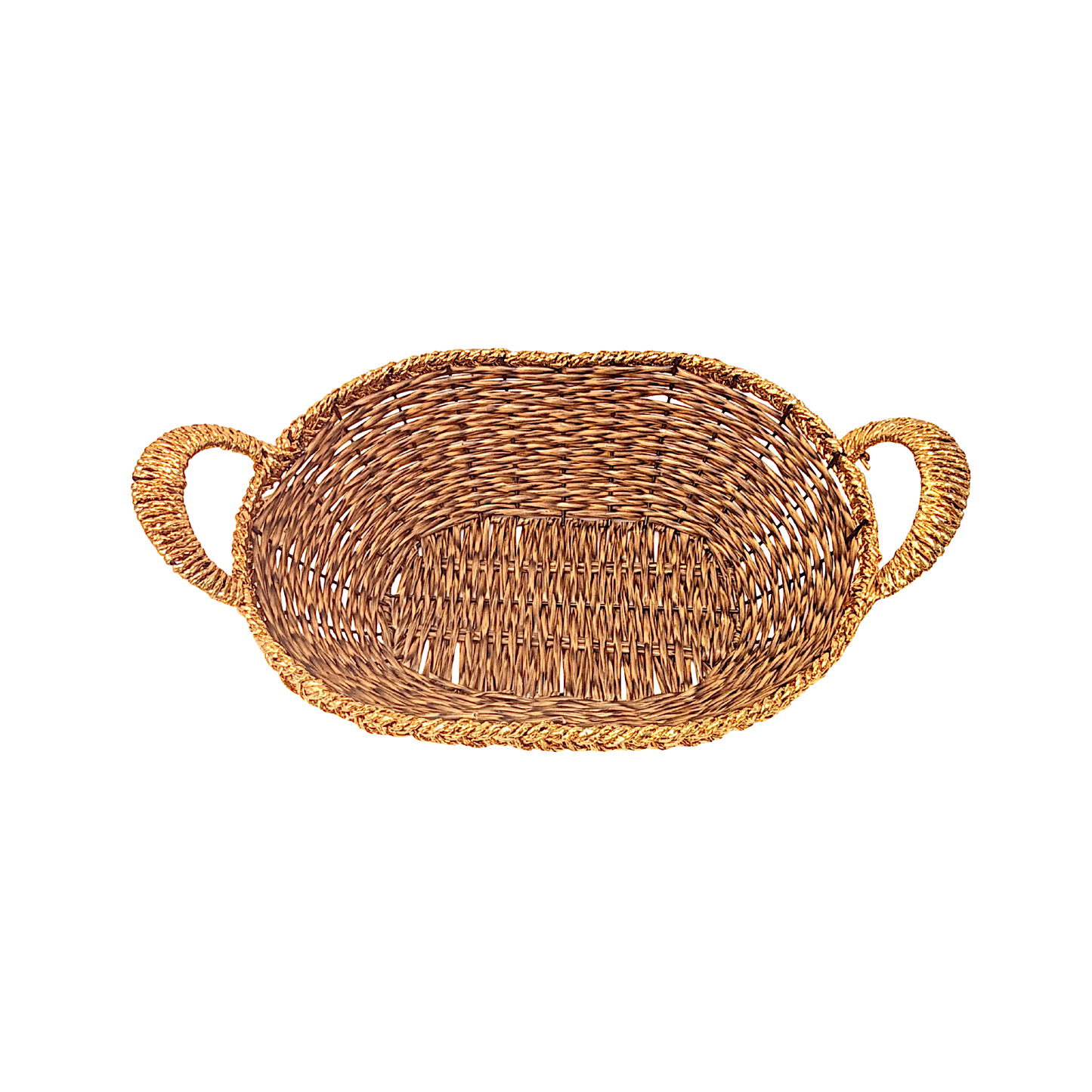 Mkaurs oval woven  brown with golden rim wicker basket with gold handles (MOQ=dz)