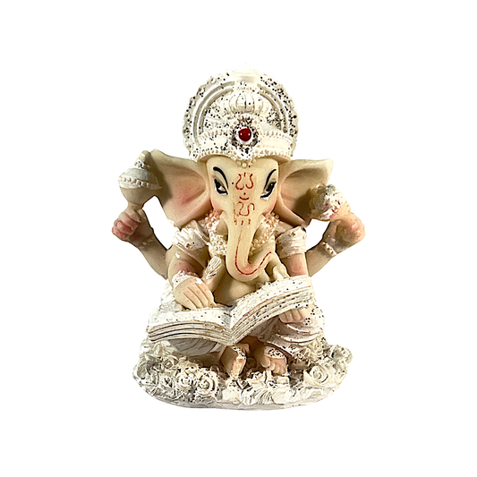 Decorated Ganesha reading book with gem 4" statue (4447) (red/gold/white and white W/O book (MOQ=dz)