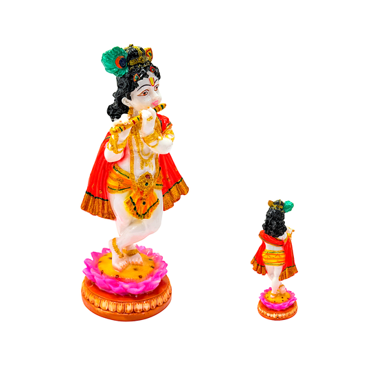 Lord Krishna with flute white and gold, colorful marble dust,  8 inches (MOQ=ea)