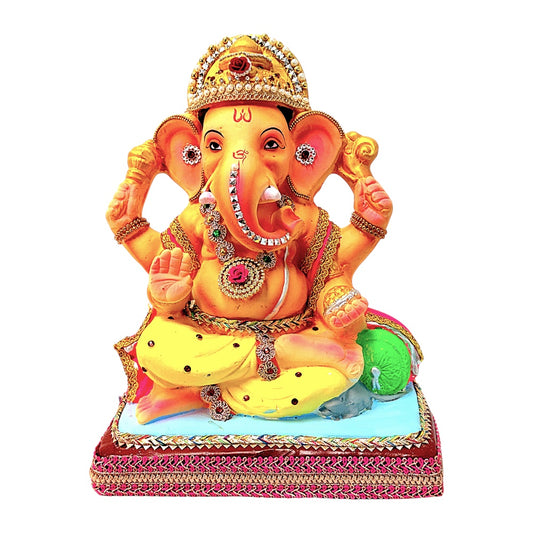 Eco-Friendly Clay Ganesha, color and gold on throne 12" (MOQ=4 pcs)