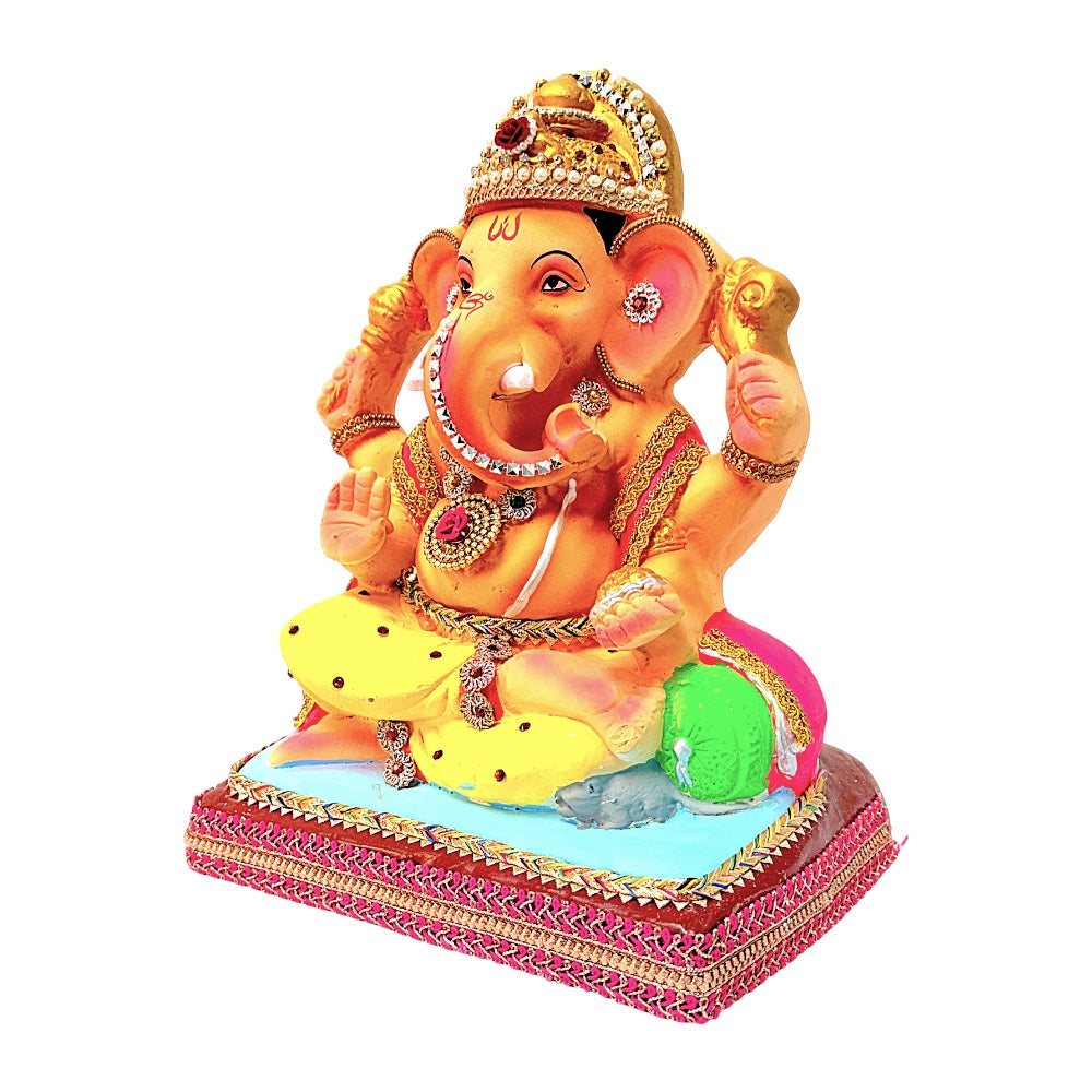Eco-Friendly Clay Ganesha, color and gold on throne 12" (MOQ=4 pcs)