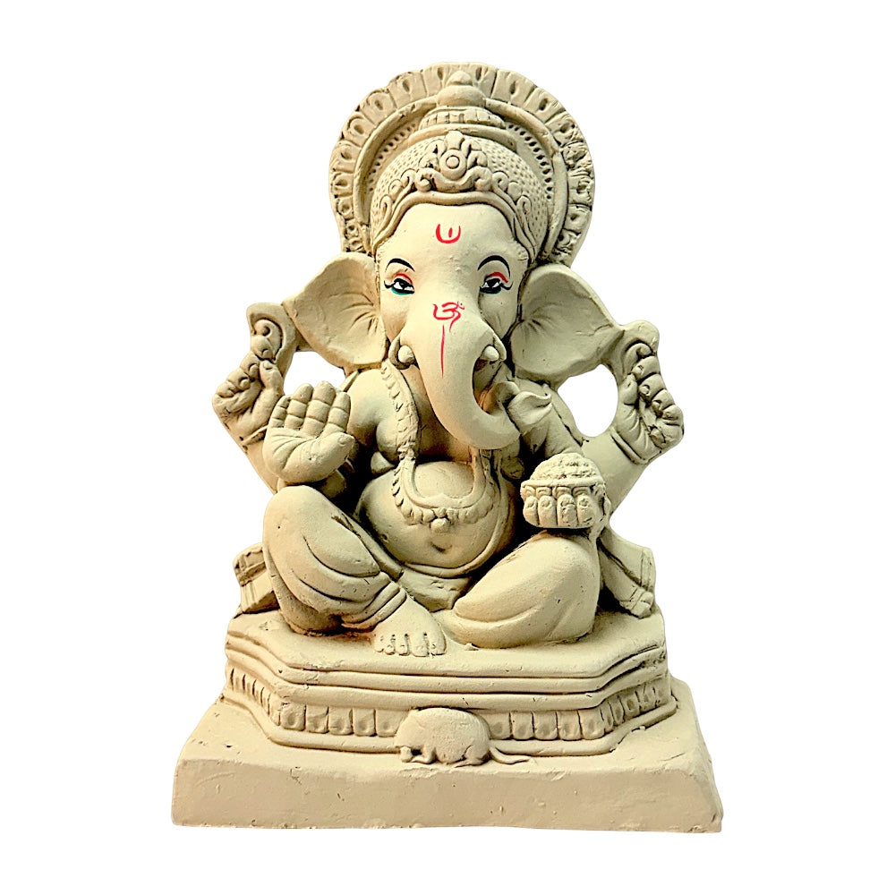 Eco-Friendly Clay Ganesha, Clay, color and gold on throne 12" (MOQ=4 pcs)