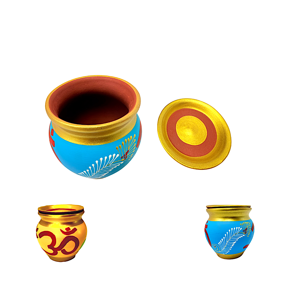 Clay Kalash hand painted with plate (perai) on top (Color and design may vary)