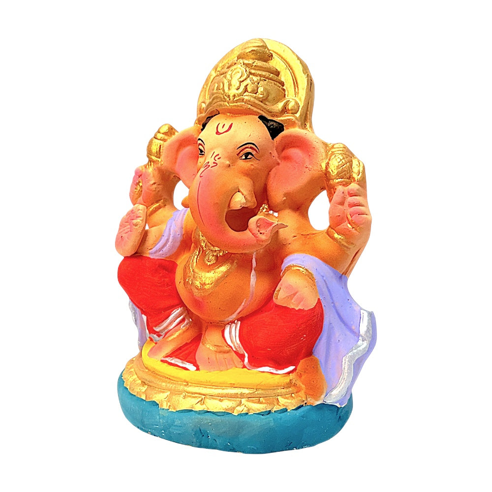 Eco-Friendly Clay Ganesha, color and gold on throne 8" (MOQ=8 pcs)