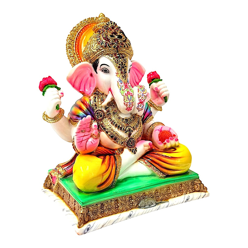 Lord Ganesha, colored and gold, marble dust 12" (MOQ=ea)