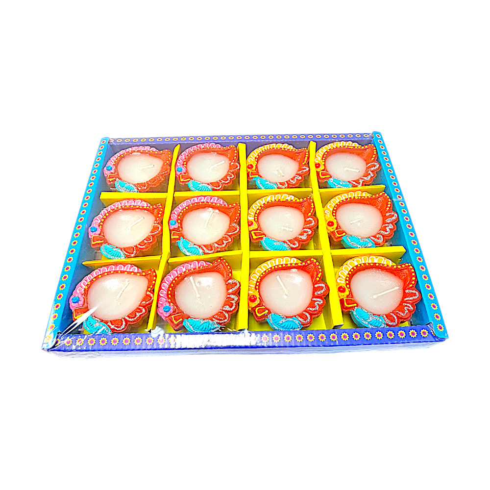 12 pc SD Diya Box with wax (PAAN), colorful diyas (MOQ=2dz)