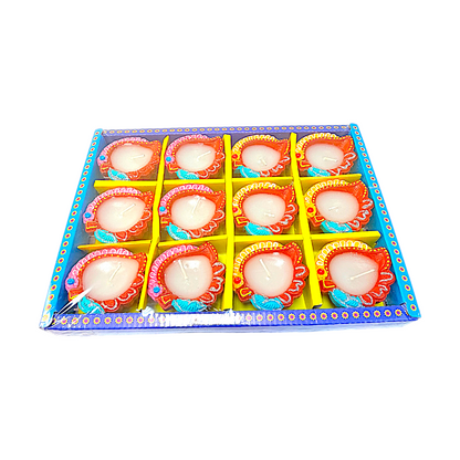 12 pc SD Diya Box with wax (PAAN), colorful diyas (MOQ=2dz)