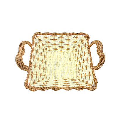 Mkaurs square woven offwhite and gold wicker basket with handles (MOQ=dz)
