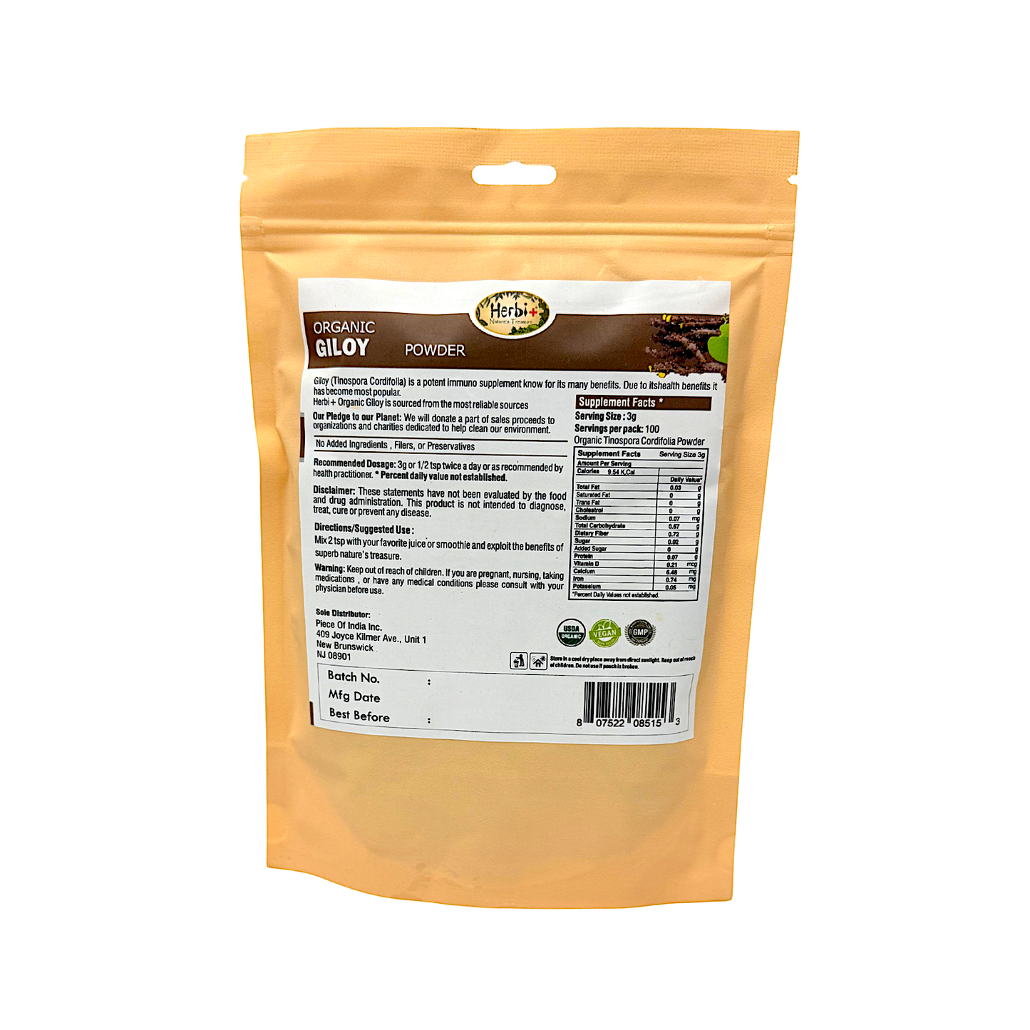 Herbi plus organic Giloy Powder 7oz Anit viral, pro immunity (MOQ=ea)