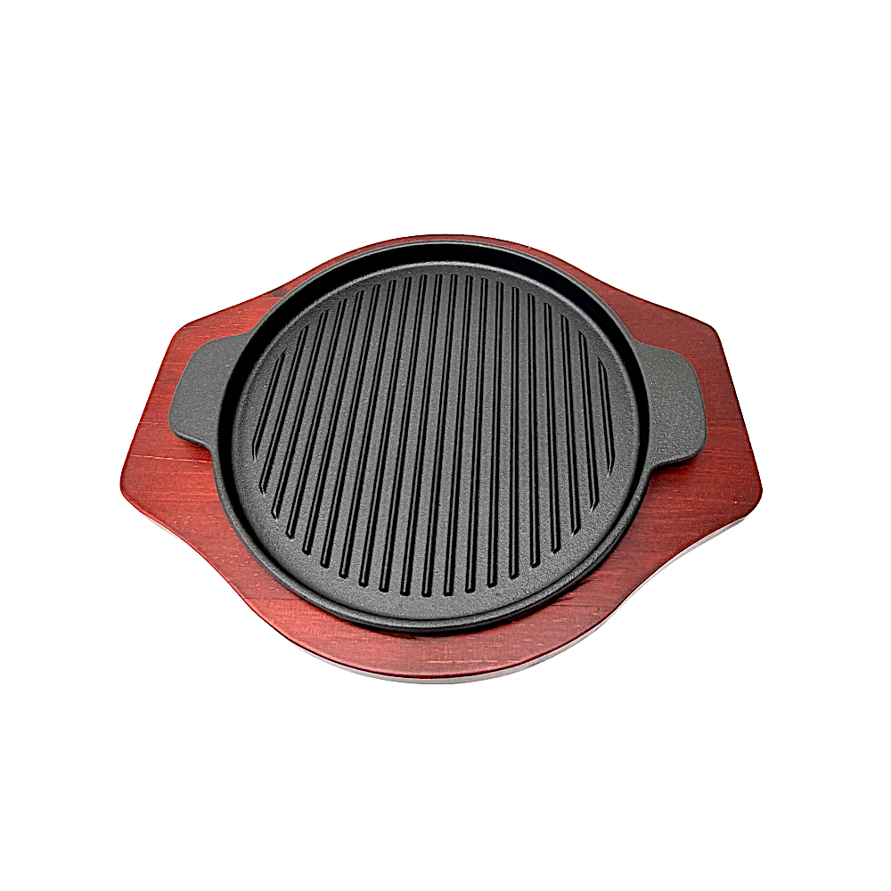 Sizzler Cast iron round with handles and BBQ lines Dia: 9.5"  wood base (MOQ=ea)