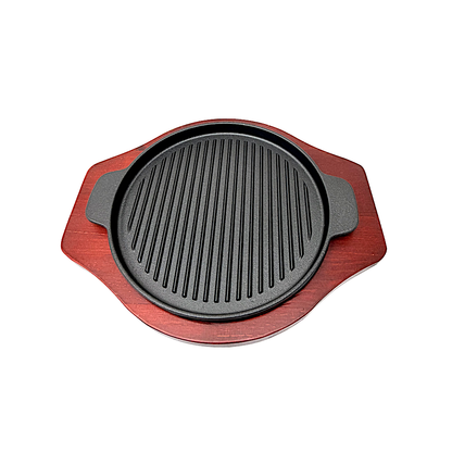 Sizzler Cast iron round with handles and BBQ lines Dia: 9.5"  wood base (MOQ=ea)