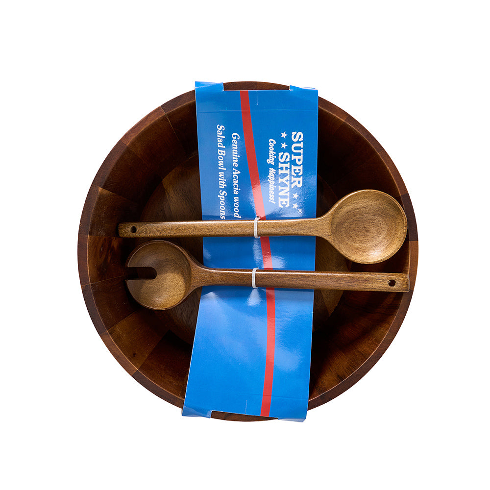 Acacia wood Salad Bowl with spoons, 10"w, 3.5"tall