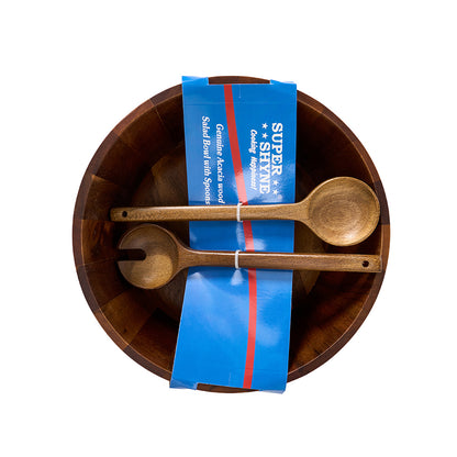 Acacia wood Salad Bowl with spoons, 10"w, 3.5"tall